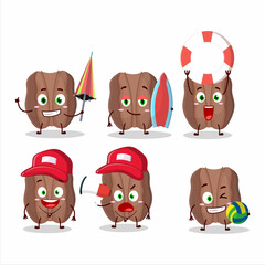 Happy Face pecans cartoon character playing on a beach