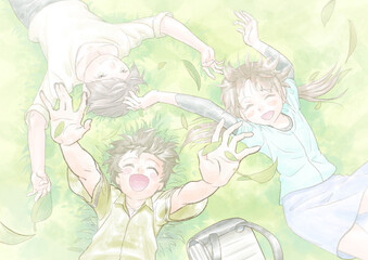 小学生の生活イメージカット、通学中に芝生に寝転がる