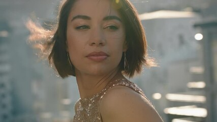 beautiful stylish woman at glamorous rooftop party celebration smiling with confidence enjoying luxury lifestyle looking at city from roof at sunset 4k