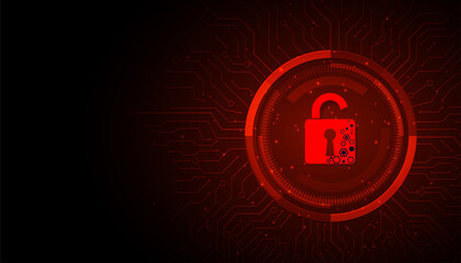 Concept of destroyed cyber security.Padlock red open on electric circuits network dark red background.Cyber attack and Information leak concept.Vector illustration.