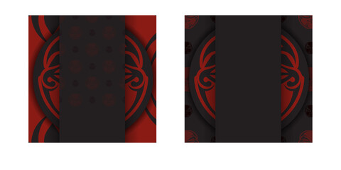 Black banner with mask of the gods ornaments and place for your logo. Template for a printable design of a postcard