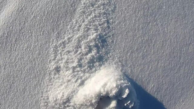 Snowshoeing in the fresh snow. Mountain paths. POV, hiker point of view. Close up to the snowshoes. Step on fresh snow