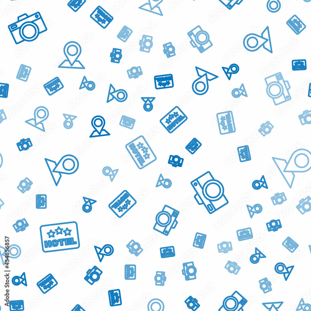 Poster set line signboard with text hotel, photo camera and location on seamless pattern. vector