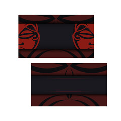 Template for print design postcards in black color with a mask of the gods. Preparing an invitation with a place for your text and a face in polizenian style patterns.