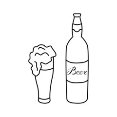 Beer bottle with a glass of foamy drink. Vector outline hand drawn illustration in doodle style.  For invitation, beer bar menu, poster, flyer