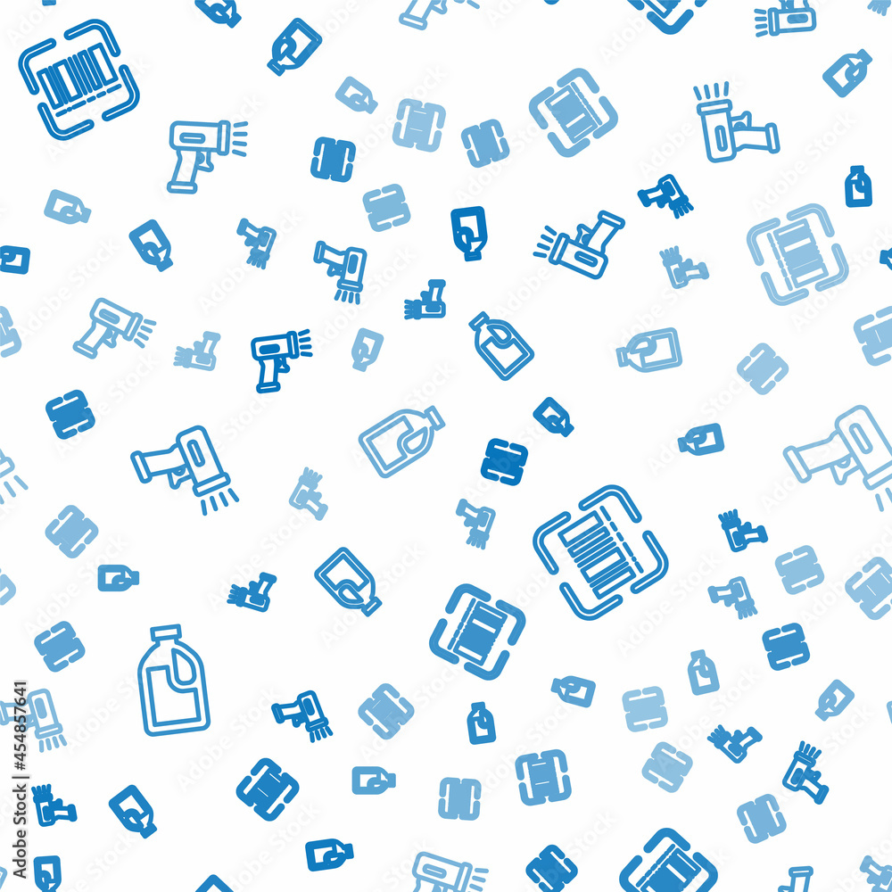 Poster set line bottle for cleaning agent, scanner scanning bar code and on seamless pattern. vector