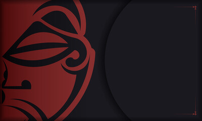 Fototapeta premium Template for a printable design of a postcard with a face in a polizenian style ornaments. Black banner with mask of the gods ornaments