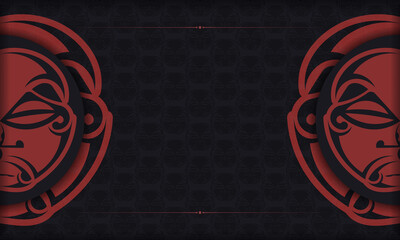 Template for a printable design of a postcard with a face in a polizenian style ornaments. Black banner with mask of the gods ornaments