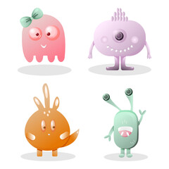 Collection funny cute colorful monsters and ghost vector cartoon illustration. Eyes, tooth canine, hands up. Happy Halloween