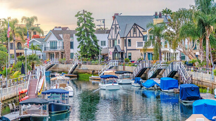 Fototapeta na wymiar Pano Beautiful tourist destination in the resort like neighborhood of Long Beach CA