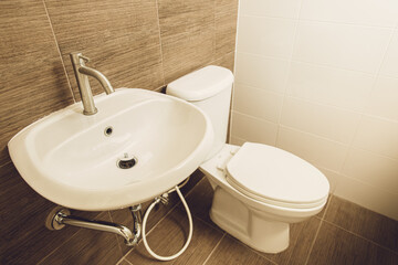 Hand wash basin and toilet bowl in the home bathroom.