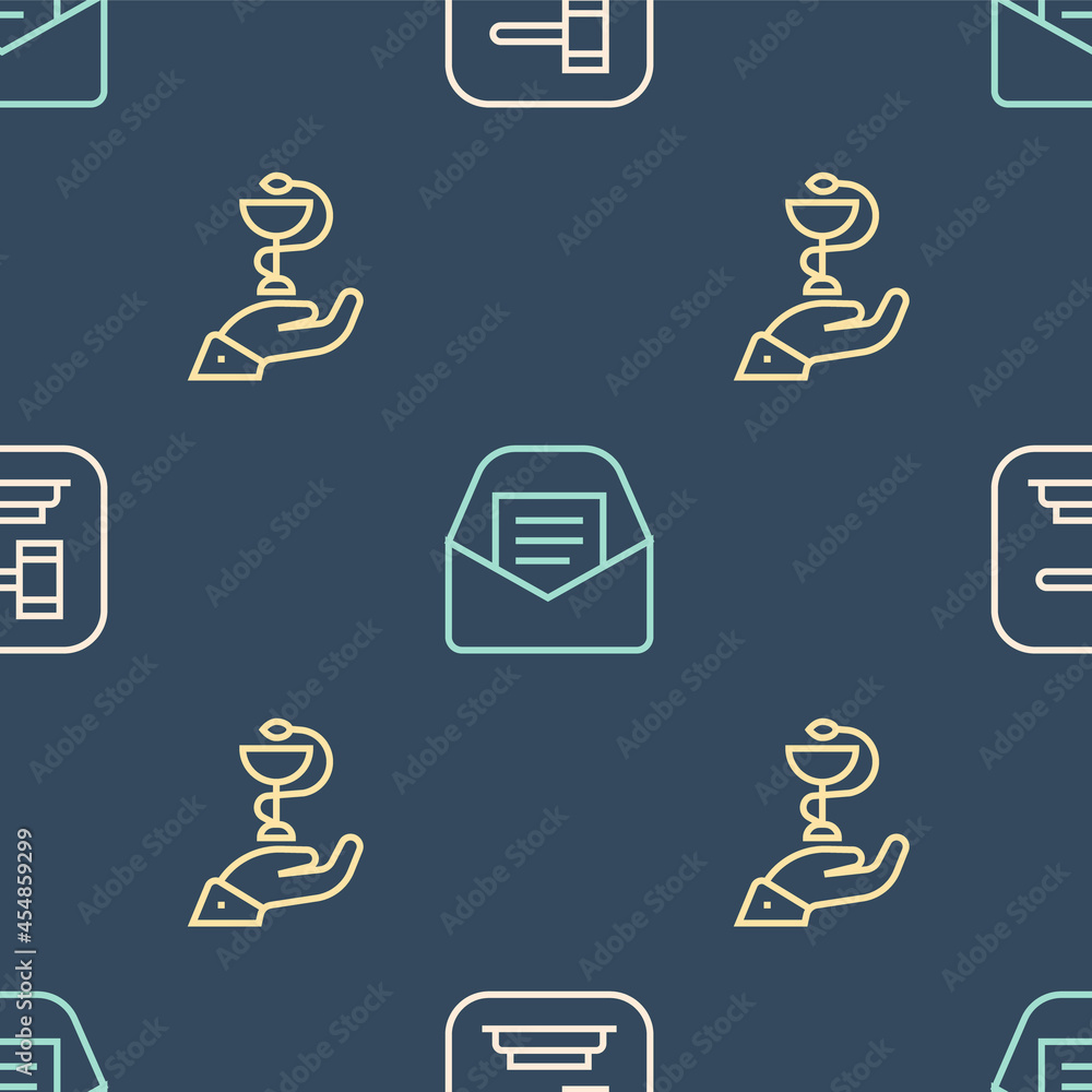 Aufkleber set line judge gavel, caduceus snake medical and mail and e-mail on seamless pattern. vector