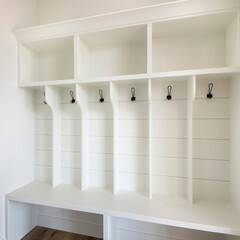 Square frame Interior of a white mudroom with white garage door and wooden flooring