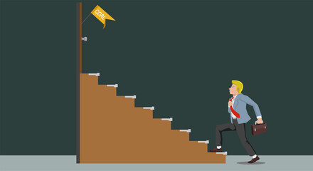 Businessman in business suit hand holding a necktie and brown handbag walking up stairs brown color. Walking up to the goal. top with alag Goal. Isolated vector illustration on dark background. 