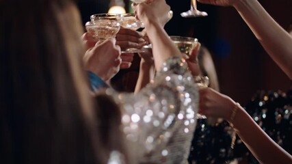 group of stylish friends celebrating at glamorous rooftop party event making toast drinking champagne at formal social gathering enjoying evening celebration at night 4k