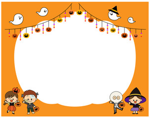 ハロウィン　子供とお化けのかわいいかぼちゃフレーム