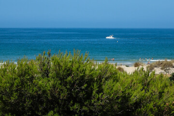 pleasure boat passing in front of the Barrosa beach in Sancti Petri, Cadiz