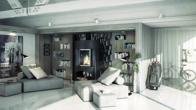 Luxury Sitting Group at Fireplace Inside a Villa - loopable 3d visualization