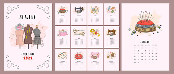 Illustrated 2022 calendar template with hand drawn vintage sewing tools and accesories. Vector illustration