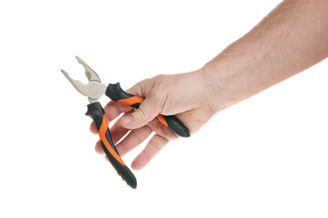 Obraz premium Hand holds pliers on a white background, a template for designers