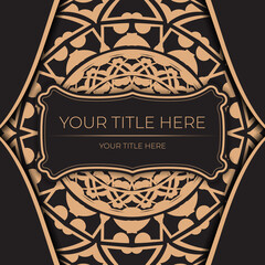 Black background with greek luxury vintage ornaments and place for your logo. Template for postcard print design with abstract ornament.