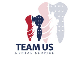team us dental clinic, tooth implant with negatif space liberty statue and USA flag vector