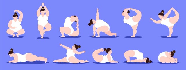 Body positive. A plump girl is engaged in yoga, meditation, physical exercise, training without being ashamed of her body. Illustration. Set of various positions in yoga.