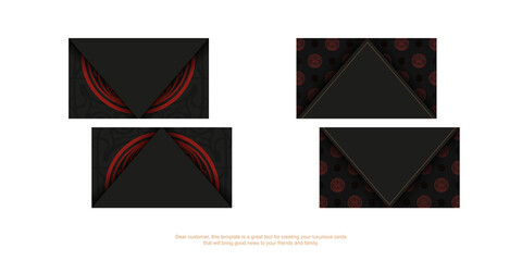 Print-ready black business card design with red Maori mask patterns.