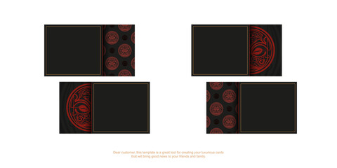 Business card design in black with red Maori mask patterns.