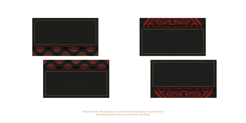 Business card design in black with red Maori mask patterns.