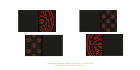 Template for print design of business cards in black with red Maori mask ornaments.