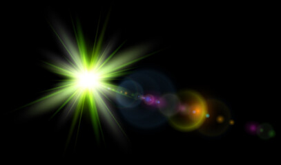 Sun with lens flare on black background, glowing star with colorful bokeh vector illustration.
