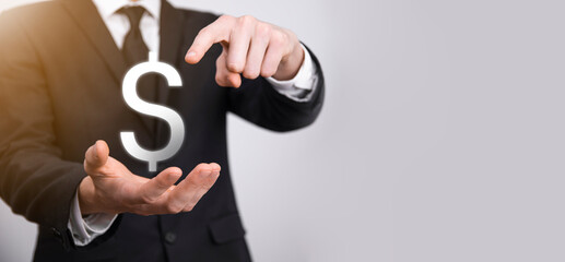 Successful international financial symbol sinvestment concept with businessman man person hold showing growth, charts and dollar sign, digital technology