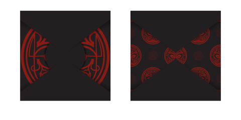Vector Ready-to-print postcard design BLACK colors with mask Maori patterns. Invitation template with place for your text and ornament.