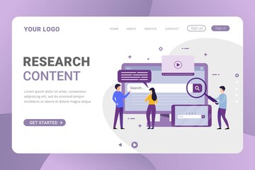 Landing page template research content on the internet design concept