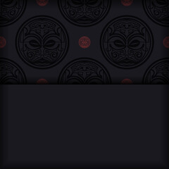 Vector design postcard BLACK colors with a Maori ornament mask. Vector invitation card with place for your text and patterns.