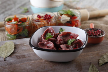 red dumplings, dumplings on a wooden board