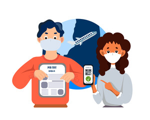 A young man and an African-American girl in medical masks on the background of a planet and a flying plane. PCR test, QR code. Health passport. The concept of traveling during a pandemic. Vector