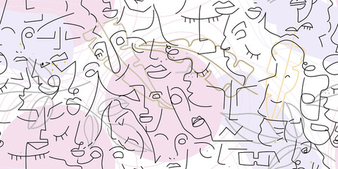 One line drawing. Abstract face seamless pattern.