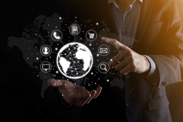 Business man hiold, use,press infographic icon of community technology digital.Concept of hi tech and big data. Global connection.IoT Internet of Things . ICT Information Communication Network .