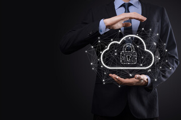 Business man hold,holding cloud computing data and security on global networking,Padlock and cloud icon. Technology of business.Cybersecurity and information or network protection.internet project