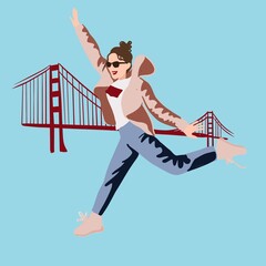 Fun, happy, jumping girl in San Francisco. Illustration with red Golden Gate Bridge  on background. Woman in sunglasses, jeans and jacket