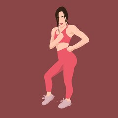Posing sport girl in pink leggings and top. Women athletic figure training in gym. Flat lay illustration 