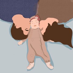 Mother and father kissing their little girl. Parents with child laying. Happy family moment together 