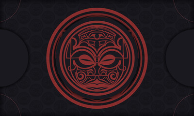 Black postcard with Maori god mask vintage ornaments and place for your logo and text.