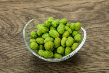 Spicy wasabi peanuts in the bowl