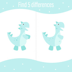 Printout for preschoolers. Find 5 differences. Cute dinosaur, Blue Tyrannosaurus rex, Jurassic period. EPS 10. Development, test, puzzle for a child. Design for books, notebooks. Printing on paper.