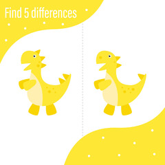 Printout for preschoolers. Find 5 differences. Cute dinosaur, Yellow Tyrannosaurus rex, Jurassic. EPS 10. Development, test, puzzle for a child. Design for books, notebooks. Printing on paper.

