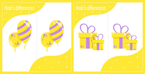 Set Printout for preschoolers. Find 5 differences. Gift box, balls. Holiday, birthday, new year, christmas. EPS 10. Development, test, puzzle for a child. Design for books, notebooks.