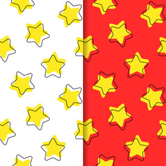Set of seamless patterns. Yellow stars. White, red background. Design for textiles, books, postcards, notebooks, vep sites. Print on fabric.